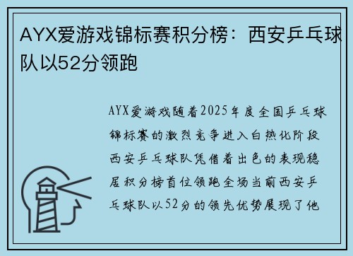 AYX爱游戏锦标赛积分榜：西安乒乓球队以52分领跑